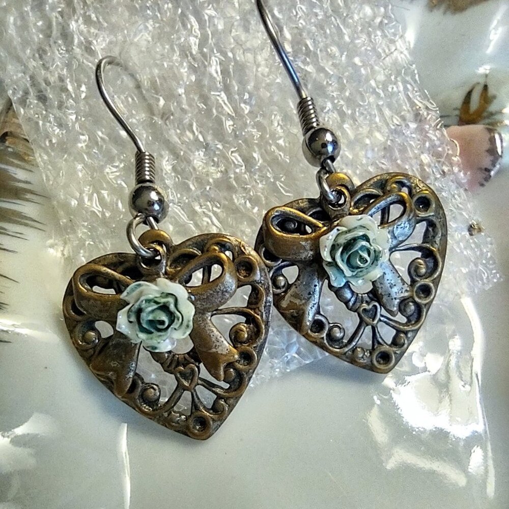 Heart Earrings with Handmade Acrylic Flowers